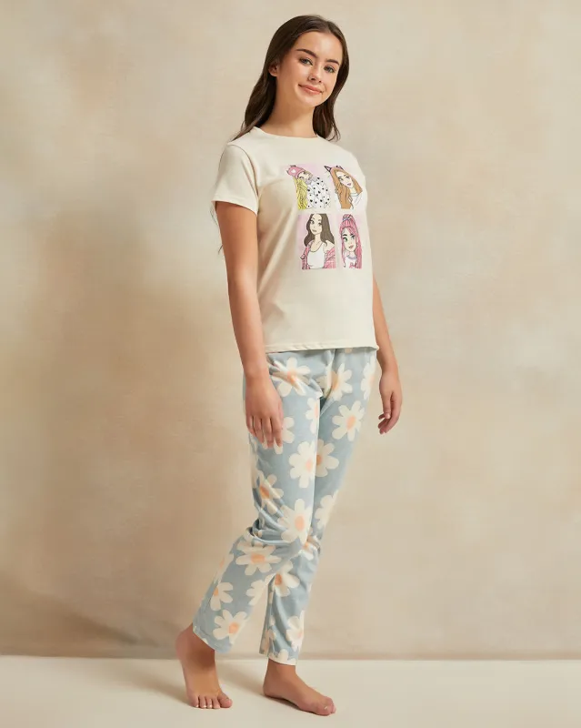 Senior Girls White Girly Print Pyjama Set (2 Piece) sold by Redtag