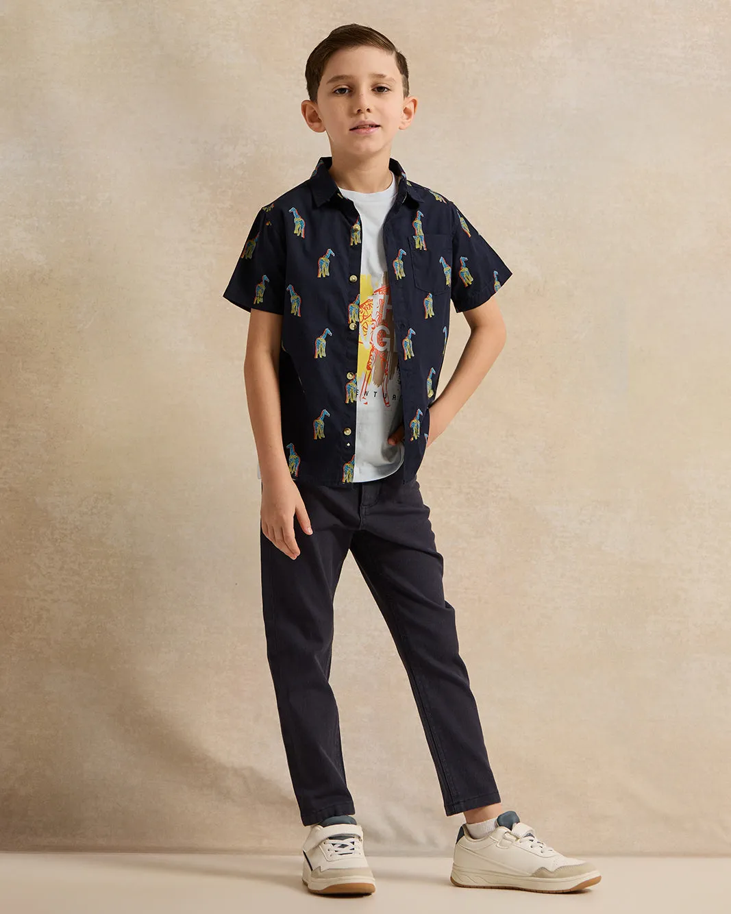 Boys Navy Giraffe Printed Shirt And T-Shirt (2 Piece) sold by Redtag product image thumbnail 3
