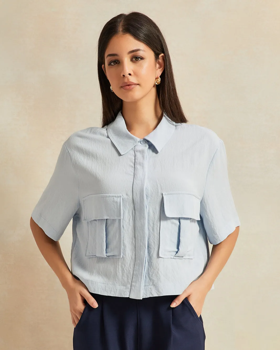 Women Blue Pocket Detailed Shirt sold by Redtag