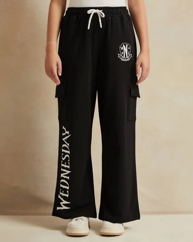 Senior Girls Black Wednesday Print Cargo Pants sold by Redtag