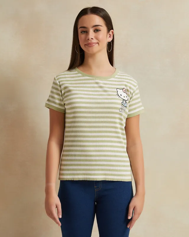 Senior Girls White And Green Striped Hello Kitty Top sold by Redtag