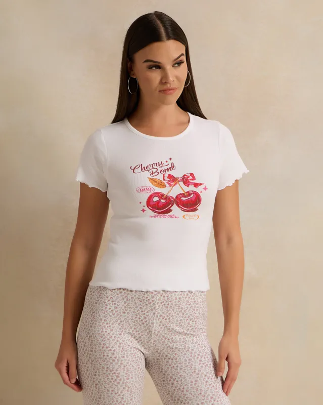Women Ivory Printed Rib T-Shirt sold by Redtag
