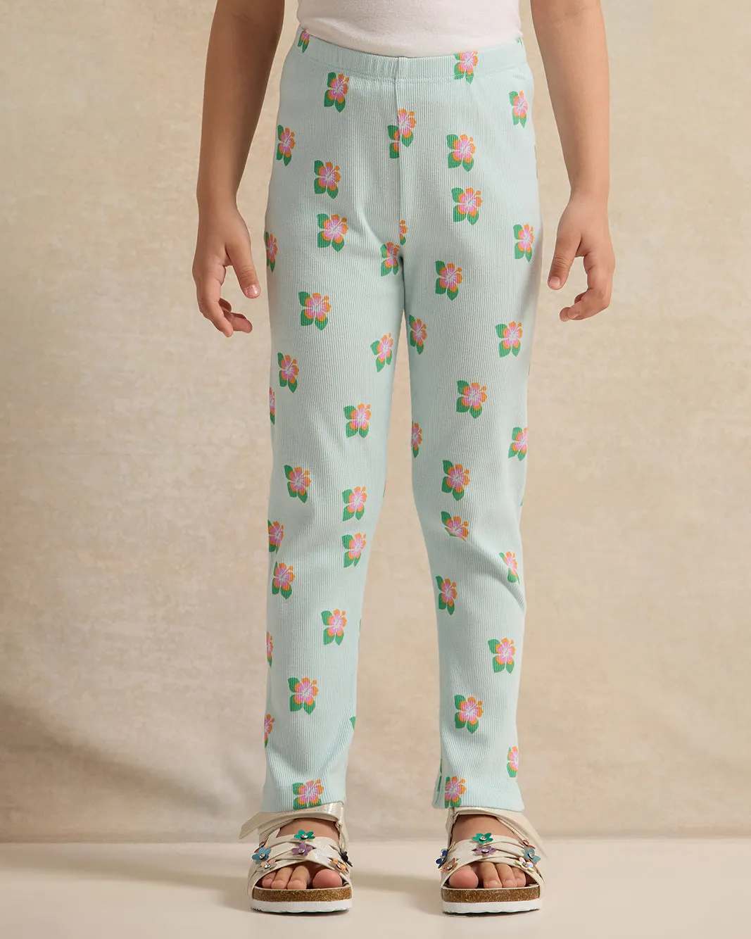 Girls Blue Floral Print Rib Leggings sold by Redtag