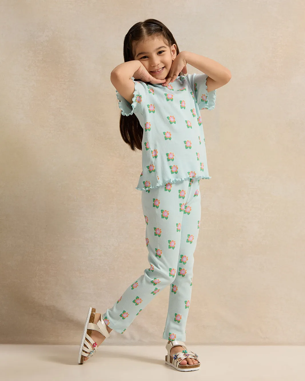 Girls Blue Floral Print Rib Leggings sold by Redtag product image thumbnail 2