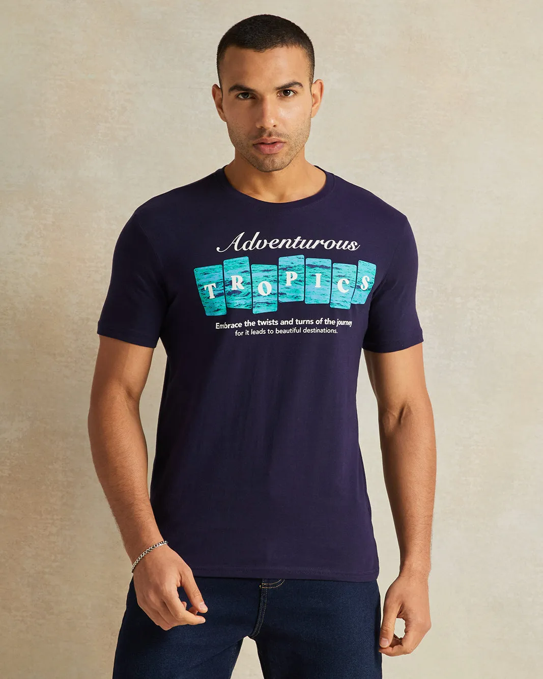 Men Navy Short Sleeve Printed T-Shirt sold by Redtag