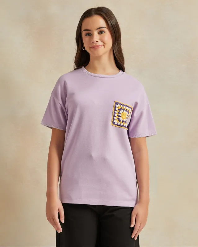 Senior Girls Purple With Crochet Pocket Top sold by Redtag