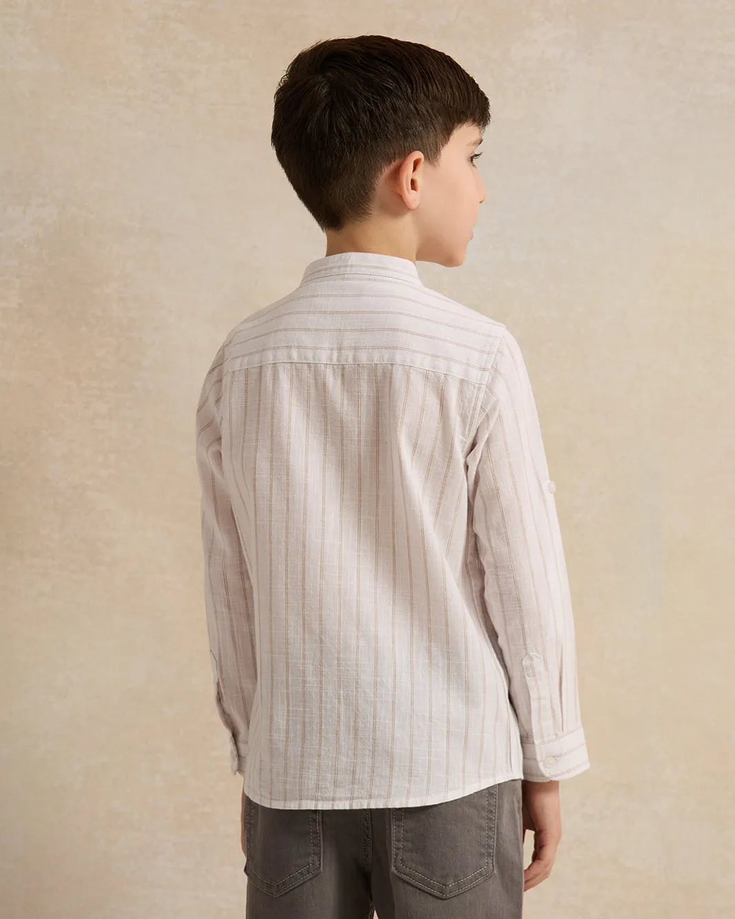 Boys White Striped Mandarin Collar Shirt sold by Redtag product image thumbnail 3