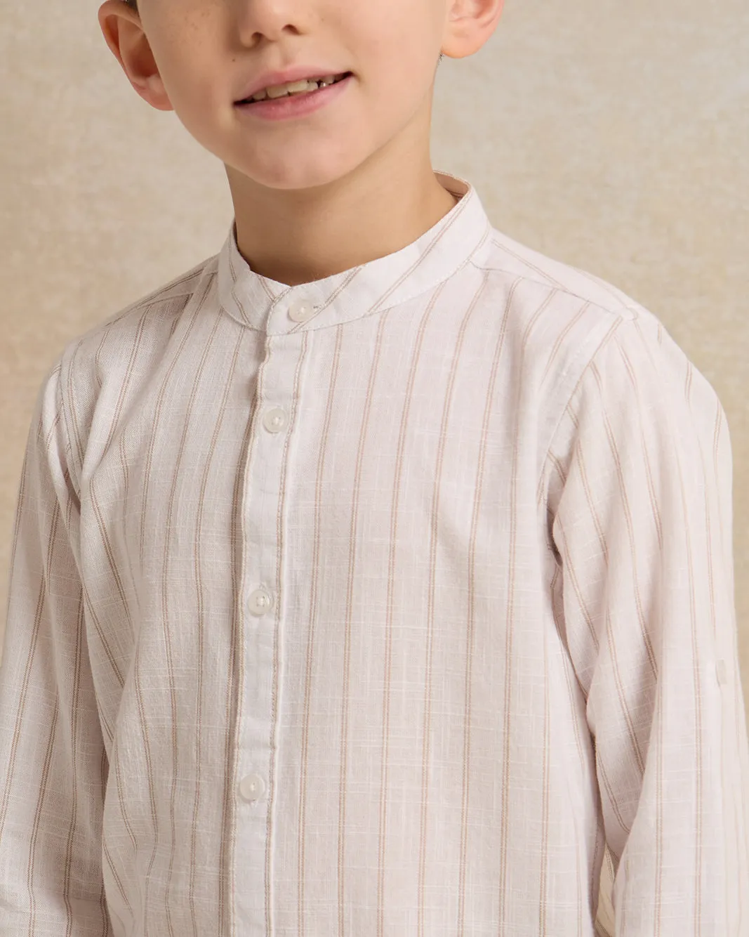 Boys White Striped Mandarin Collar Shirt sold by Redtag product image thumbnail 4
