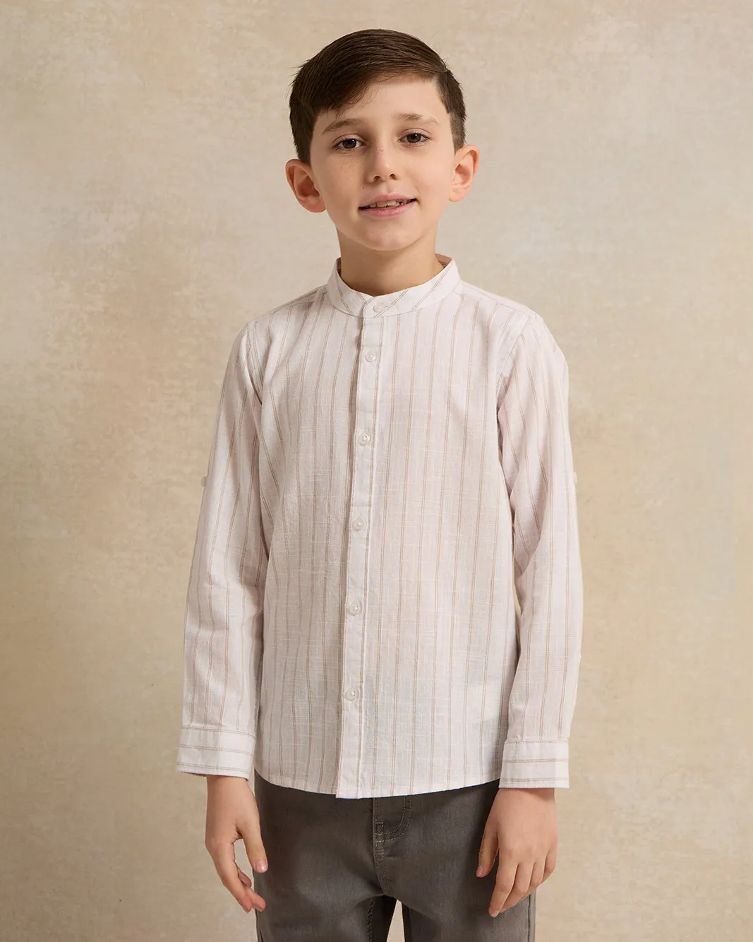 Boys White Striped Mandarin Collar Shirt sold by Redtag