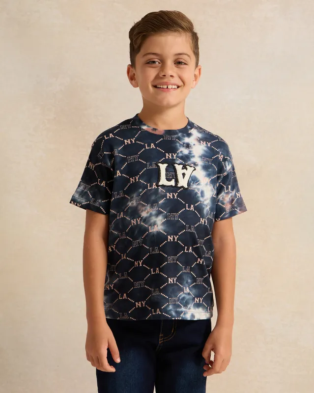 Boys Navy Acid Wash Printed T-Shirt sold by Redtag
