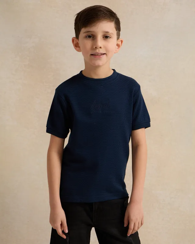 Boys Navy Jacquard Short Sleeve T-Shirt sold by Redtag