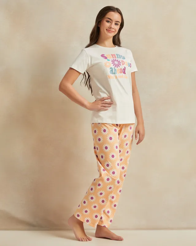 Senior Girls White And Orange Floral Print Pyjama Set (2 Piece) sold by Redtag