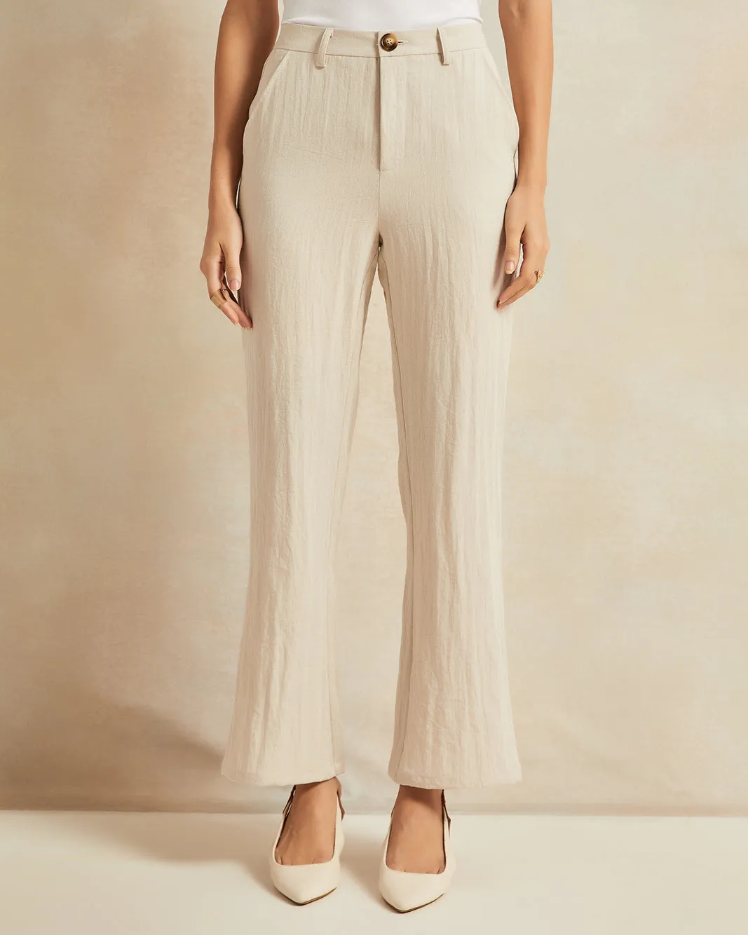 Women Beige Linen Blend Trousers sold by Redtag