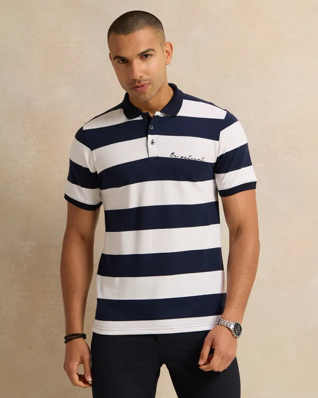 Men Navy And White Striped Polo Shirt sold by Redtag