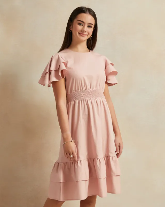 Senior Girls Pink Ruffled Sleeve Dress sold by Redtag