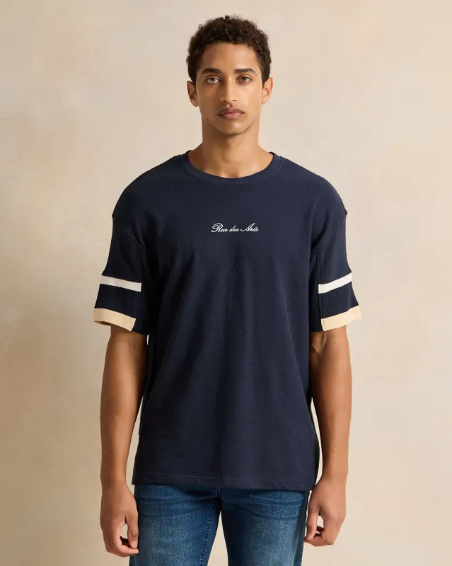 Men Navy Jacquard T-Shirt sold by Redtag