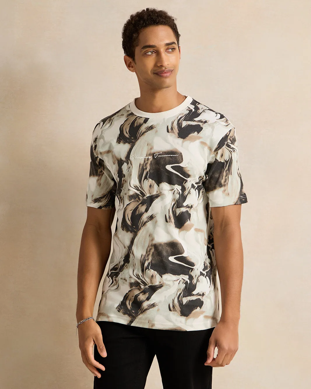 Men White Allover Print T-Shirt sold by Redtag