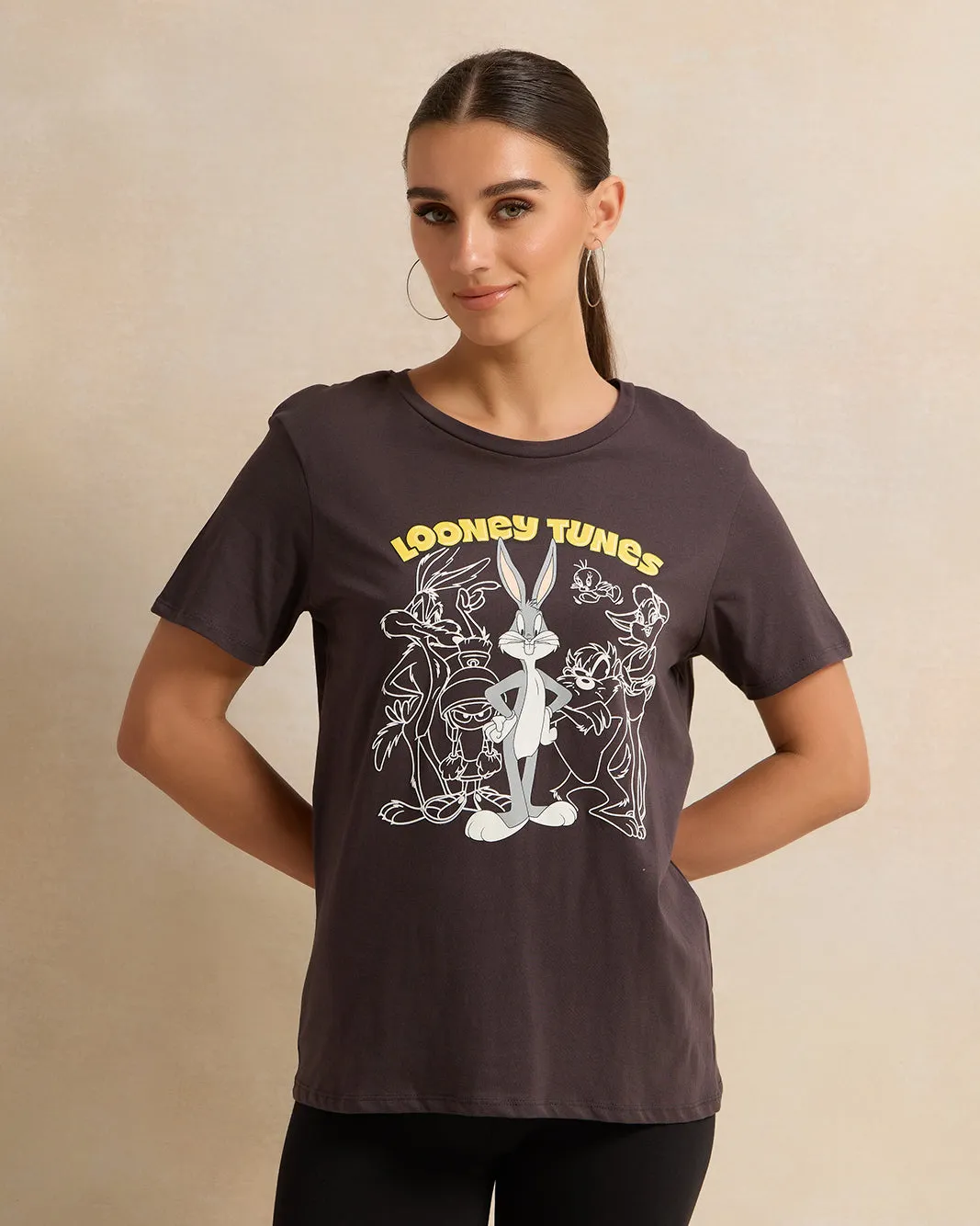 Women Charcoal Looney Tunes Printed T-Shirt sold by Redtag