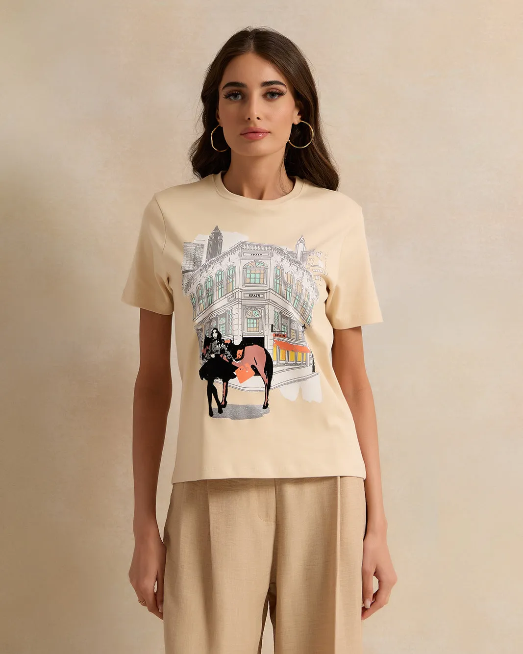 Women Beige Printed And Embroidered Short Sleeve T-Shirt sold by Redtag