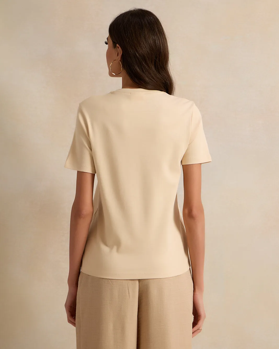 Women Beige Printed And Embroidered Short Sleeve T-Shirt sold by Redtag product image thumbnail 3