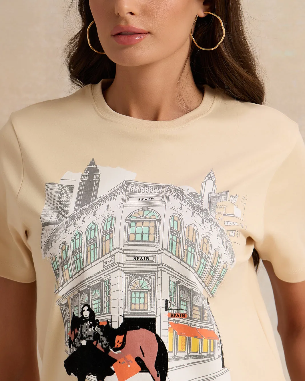 Women Beige Printed And Embroidered Short Sleeve T-Shirt sold by Redtag product image thumbnail 4