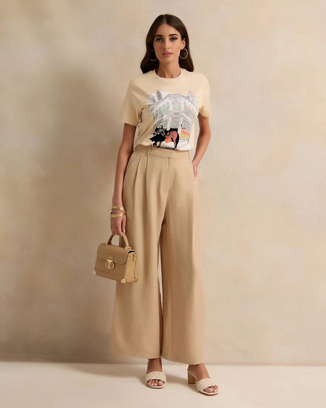 Women Beige Printed And Embroidered Short Sleeve T-Shirt sold by Redtag product image thumbnail 2