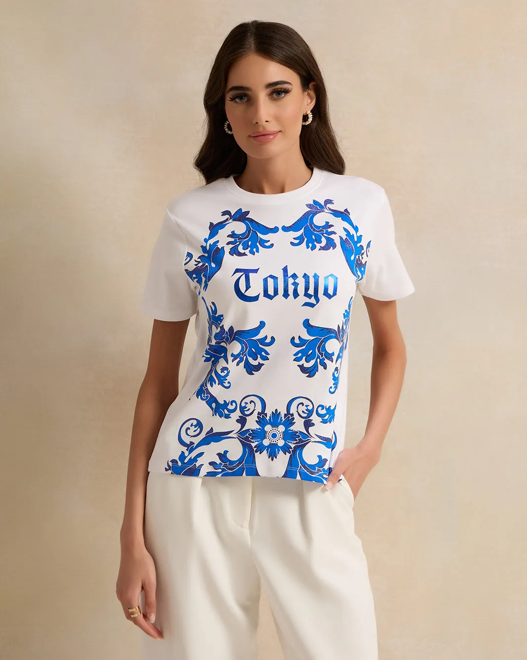 Women White And Blue Round Neck Printed T-Shirt sold by Redtag