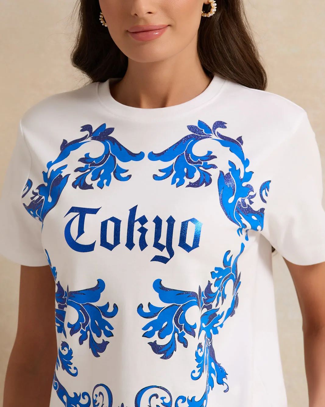 Women White And Blue Round Neck Printed T-Shirt sold by Redtag product image thumbnail 4