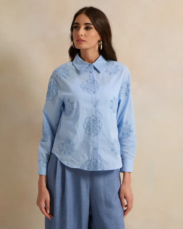 Women Blue Printed Button Down Blouse sold by Redtag