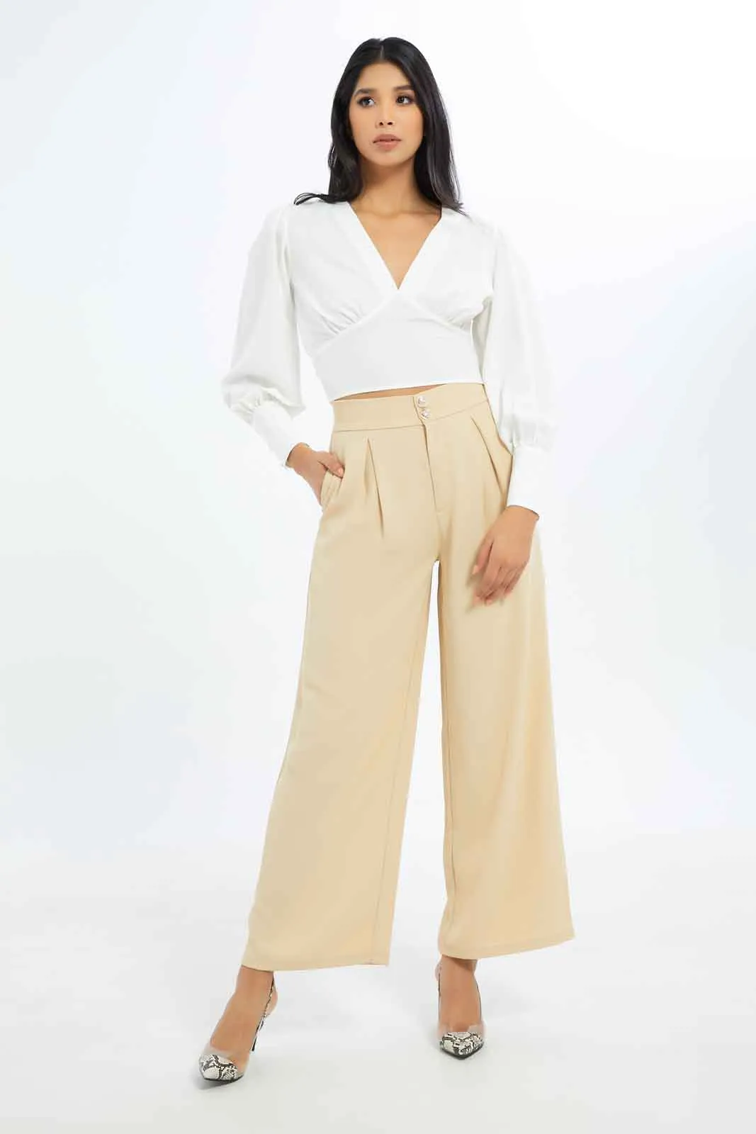 Women Beige Button Detail Wide Leg Trouser sold by Redtag product image thumbnail 2