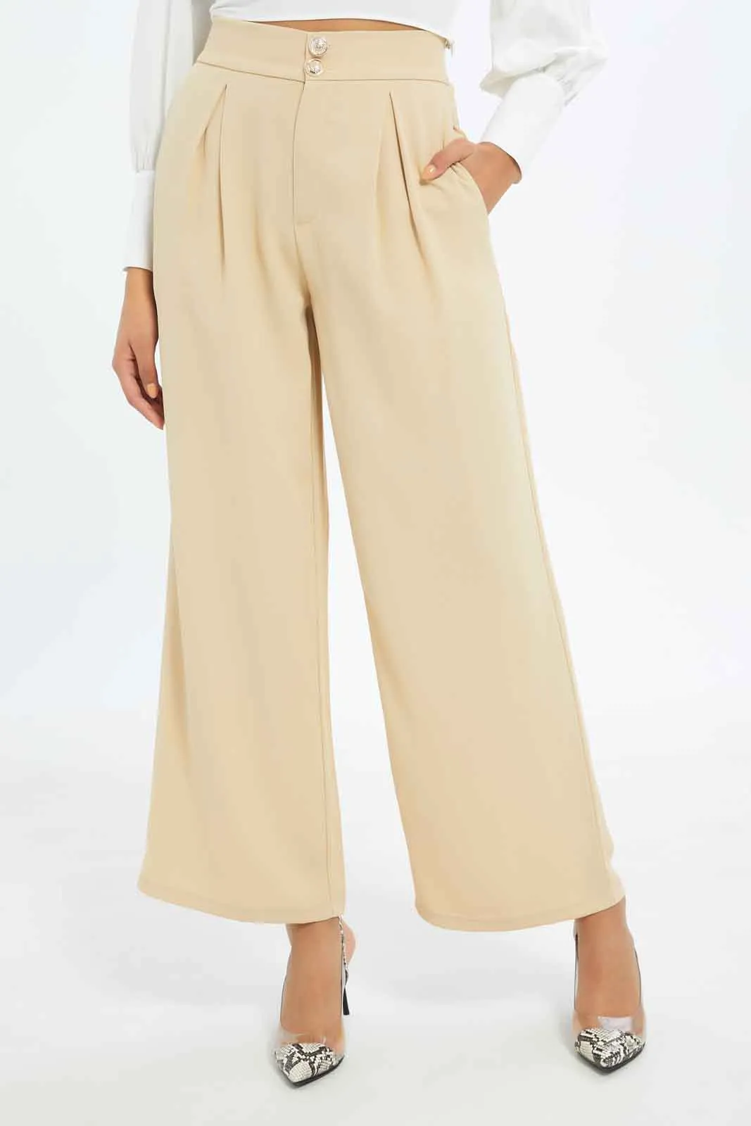 Women Beige Button Detail Wide Leg Trouser sold by Redtag