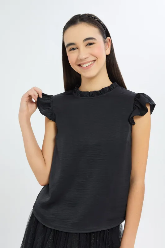 Senior Girls Black Ruffled Sleeves Blouse sold by Redtag