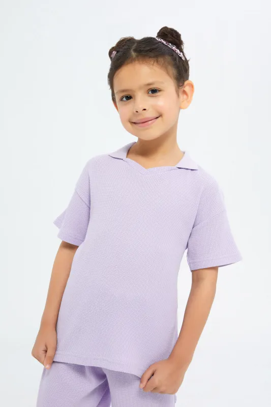 Girls Lilac Waffle Collared T-Shirt sold by Redtag
