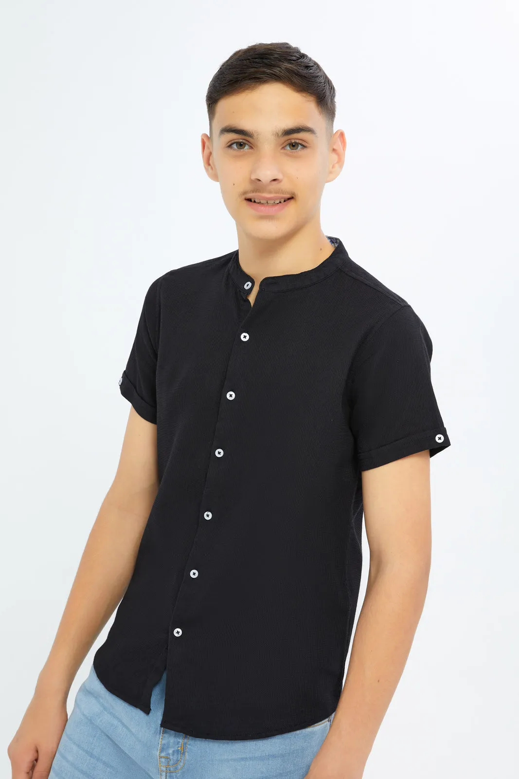 Senior Boys Black Jacquard Shirt sold by Redtag