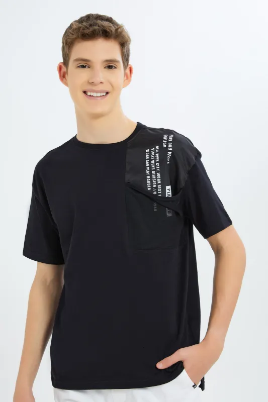 Senior Boys Black Oversized Mesh Pocket Tee sold by Redtag