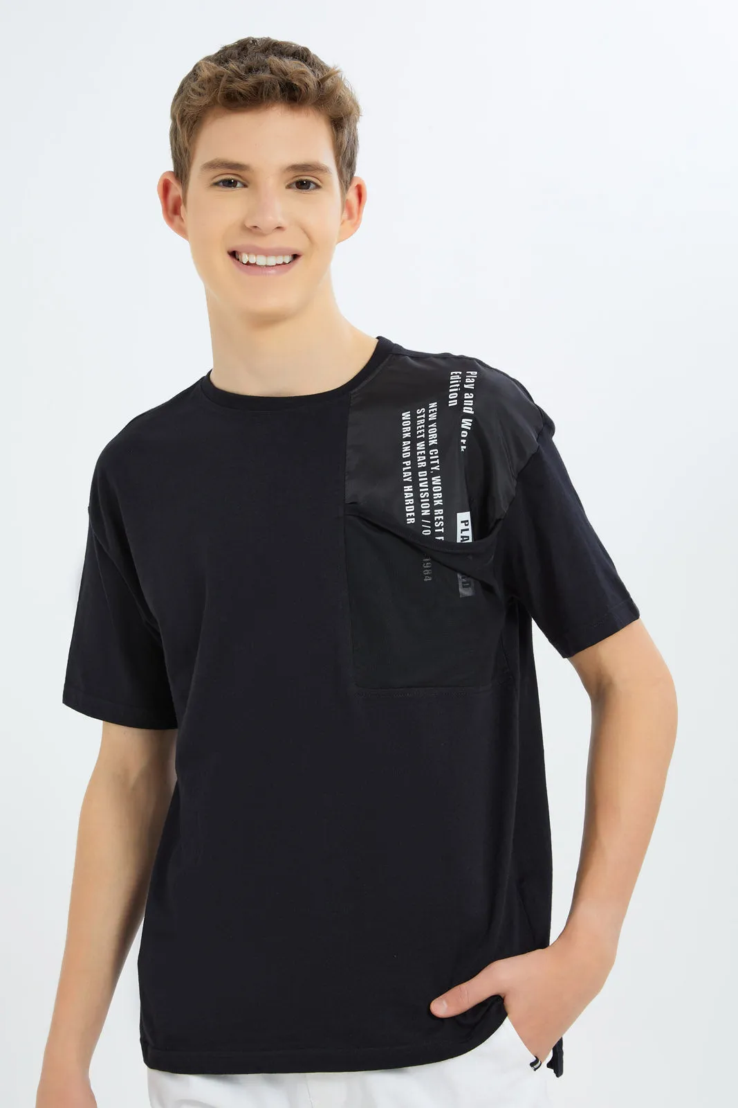 Senior Boys Black Oversized Mesh Pocket Tee sold by Redtag