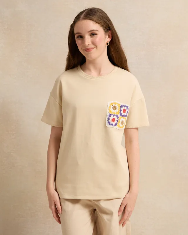 Senior Girls Beige Crochet Pocket T-Shirt sold by Redtag