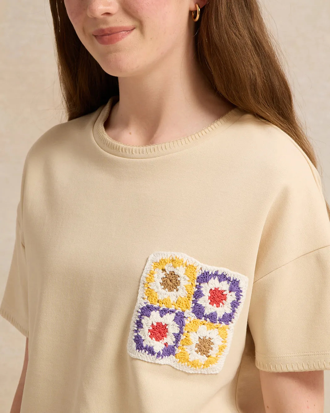 Senior Girls Beige Crochet Pocket T-Shirt sold by Redtag product image thumbnail 4