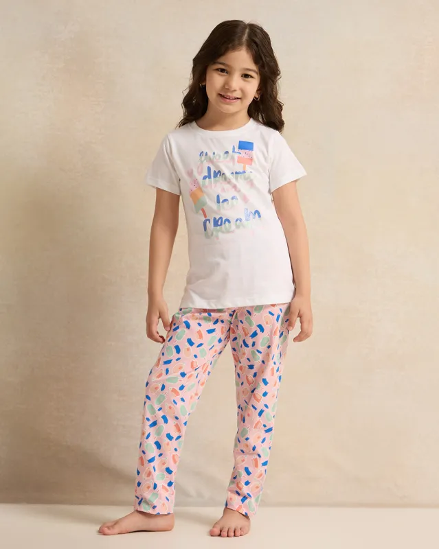 Girls White And Pink Printed Pyjama Set (2 Piece) sold by Redtag