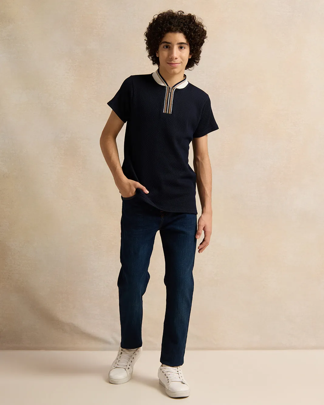 Senior Boys Navy Mandarin Collar Polo Shirt sold by Redtag product image thumbnail 2