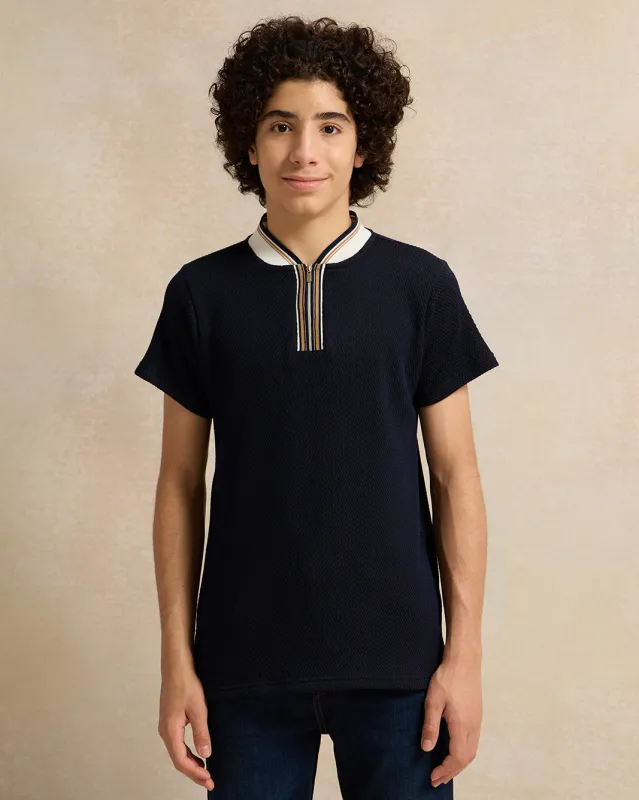 Senior Boys Navy Mandarin Collar Polo Shirt sold by Redtag