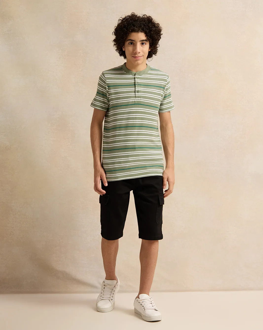 Senior Boys Green Striped Mandarin Collar Polo Shirt sold by Redtag product image thumbnail 2