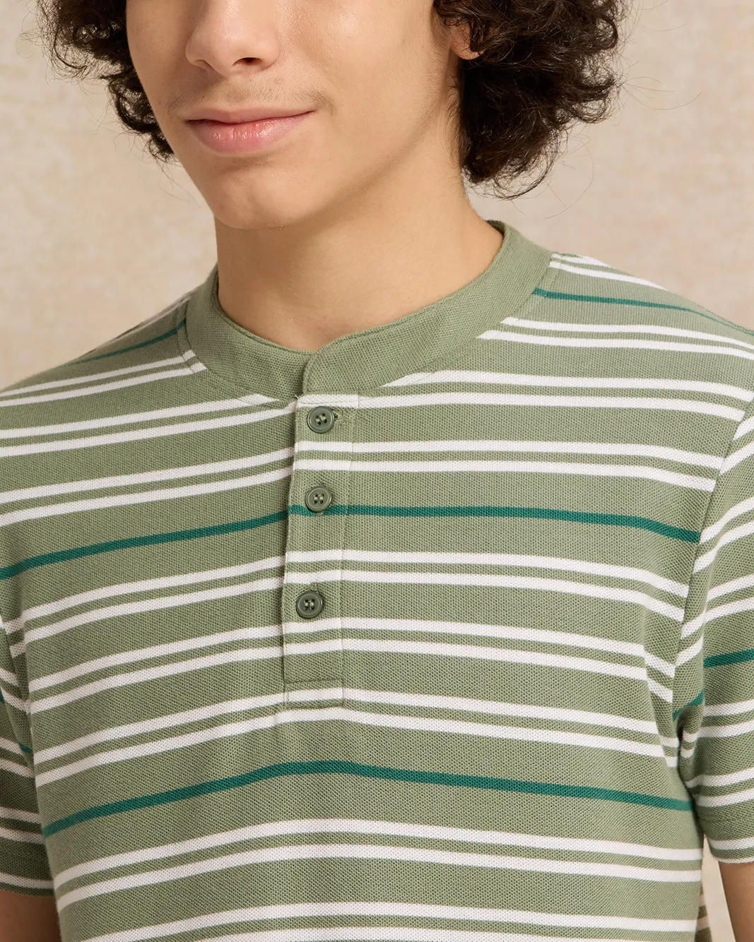 Senior Boys Green Striped Mandarin Collar Polo Shirt sold by Redtag product image thumbnail 4