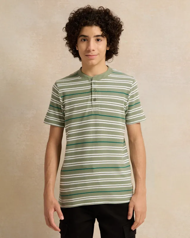 Senior Boys Green Striped Mandarin Collar Polo Shirt sold by Redtag