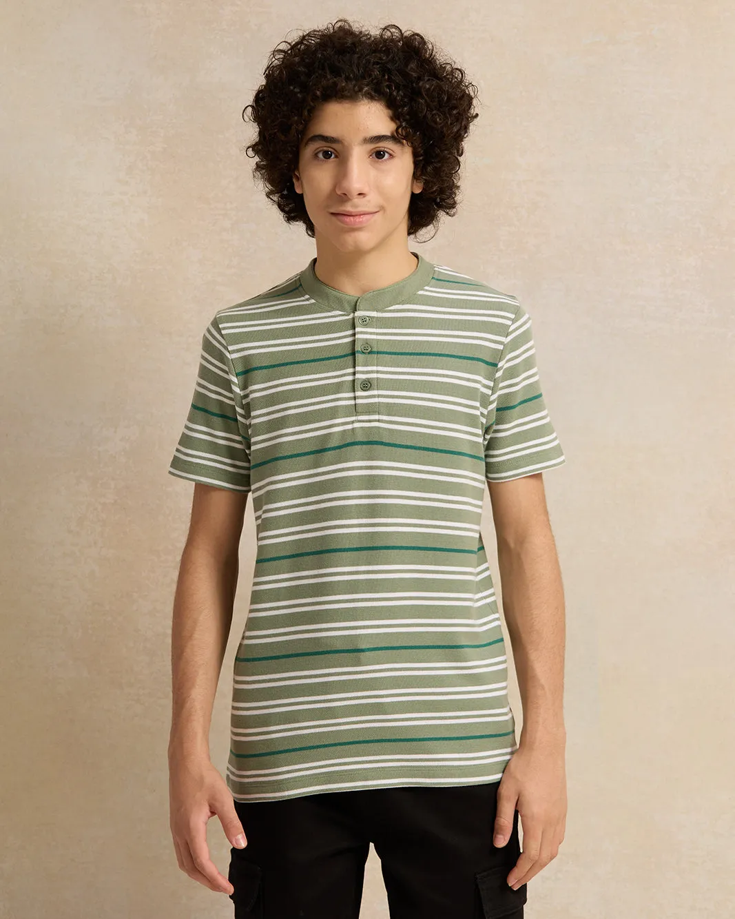 Senior Boys Green Striped Mandarin Collar Polo Shirt sold by Redtag
