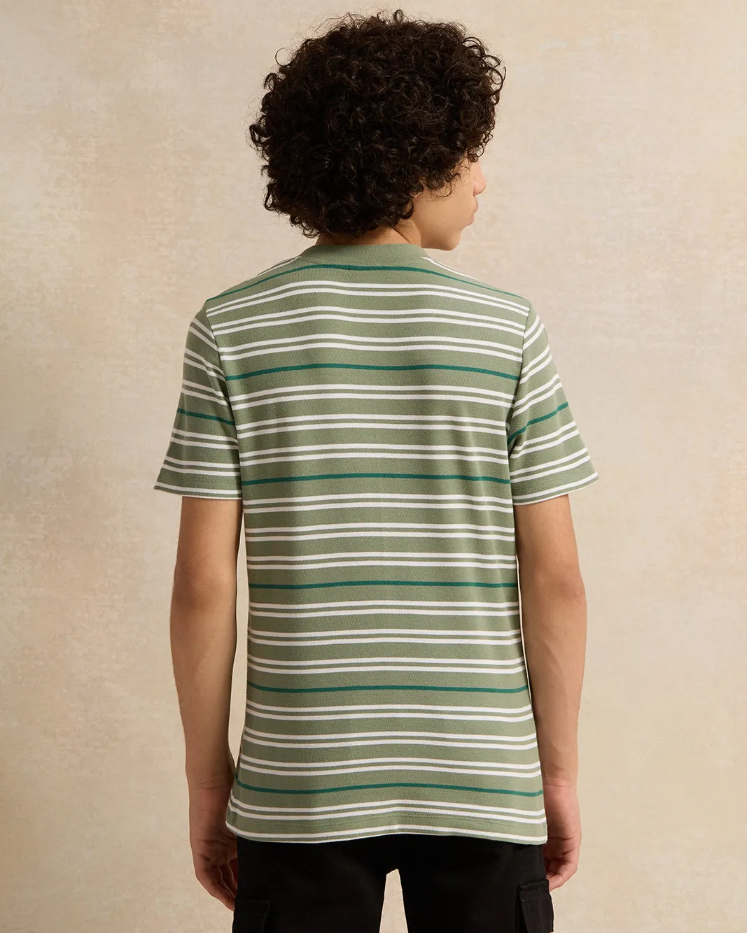 Senior Boys Green Striped Mandarin Collar Polo Shirt sold by Redtag product image thumbnail 3