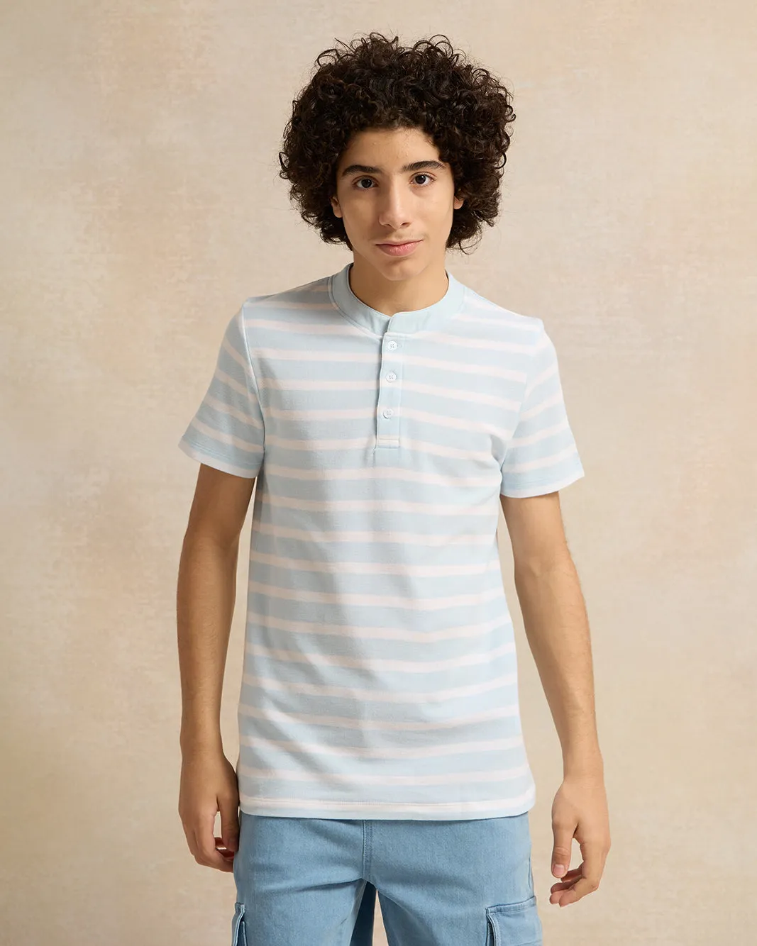 Senior Boys Blue Striped Mandarin Collar Polo Shirt sold by Redtag