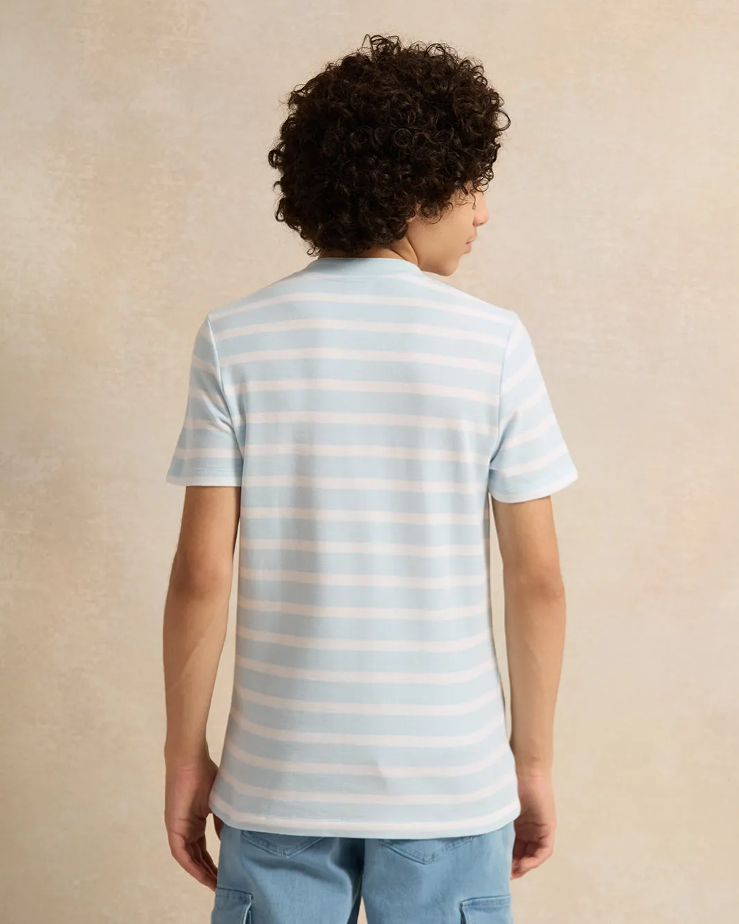 Senior Boys Blue Striped Mandarin Collar Polo Shirt sold by Redtag product image thumbnail 3