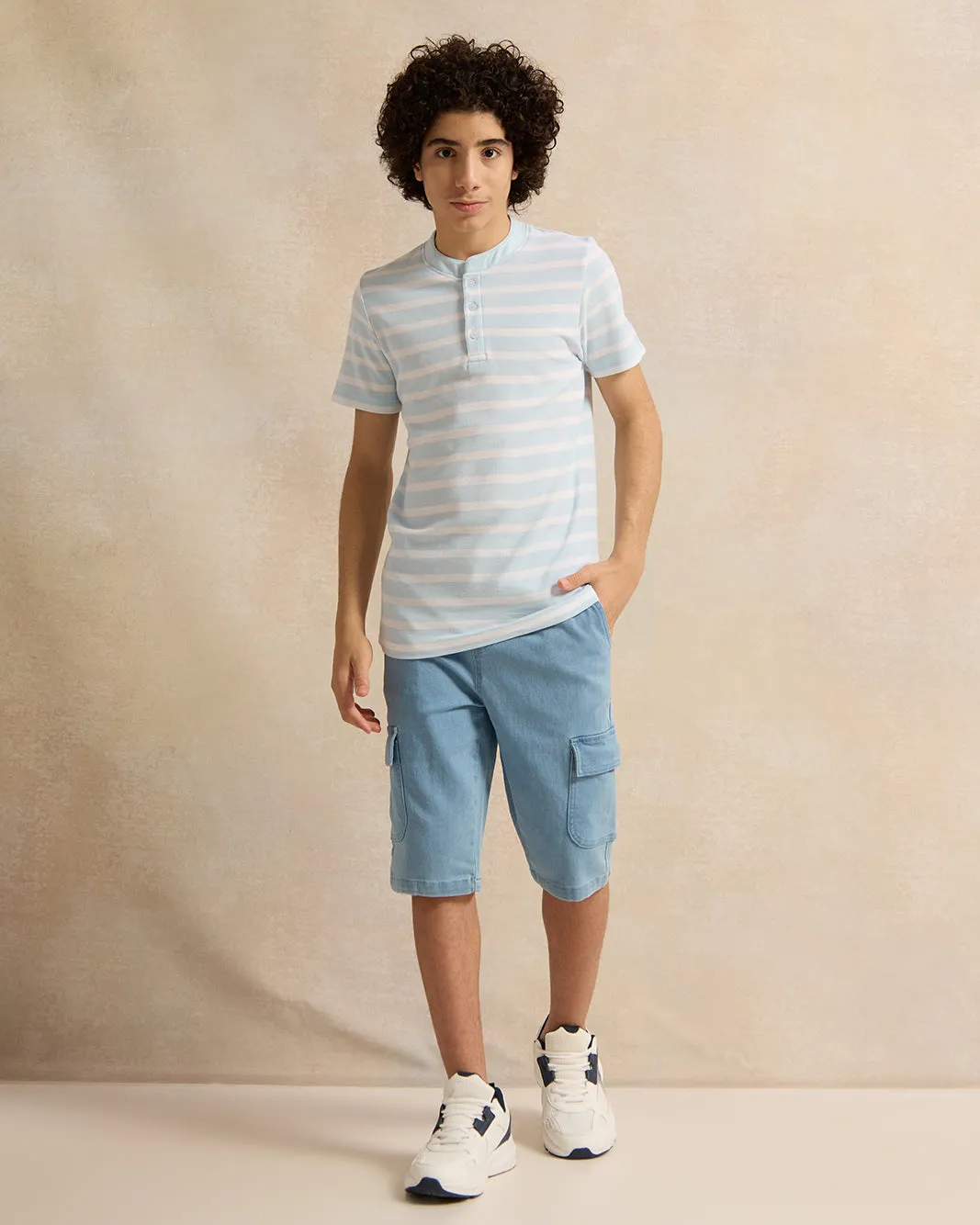 Senior Boys Blue Striped Mandarin Collar Polo Shirt sold by Redtag product image thumbnail 2