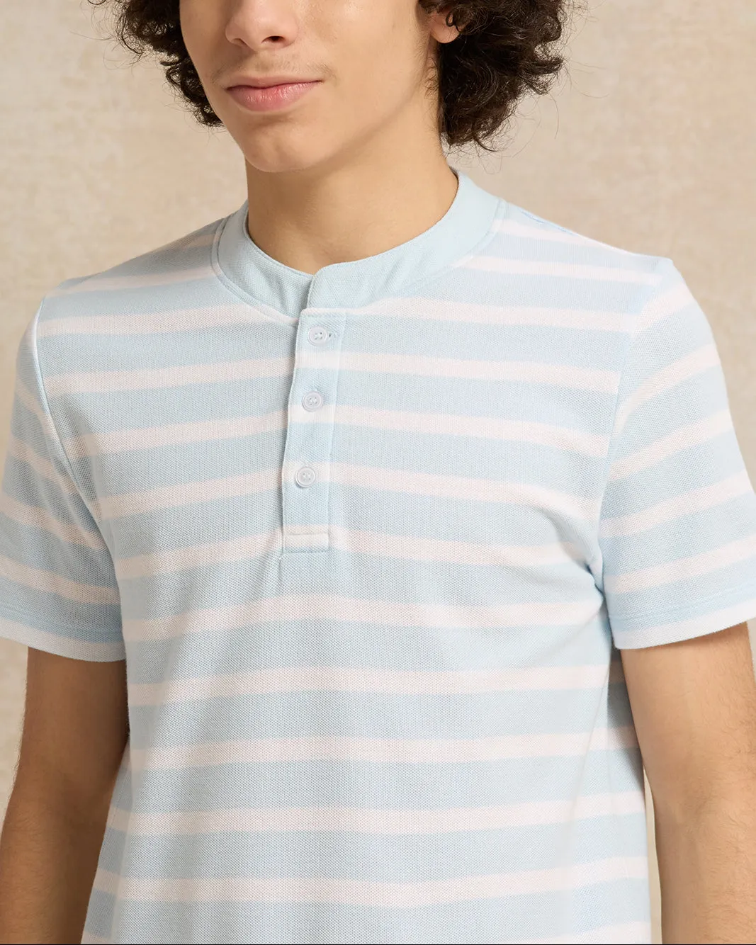 Senior Boys Blue Striped Mandarin Collar Polo Shirt sold by Redtag product image thumbnail 4